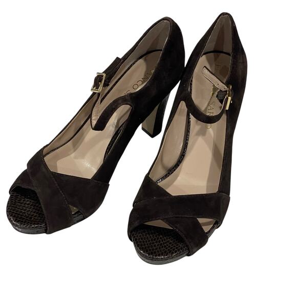 Franco Sarto Peep Toe Heels Valita Women 7M Shoes Dark Brown Suede Pump READ - Picture 15 of 16